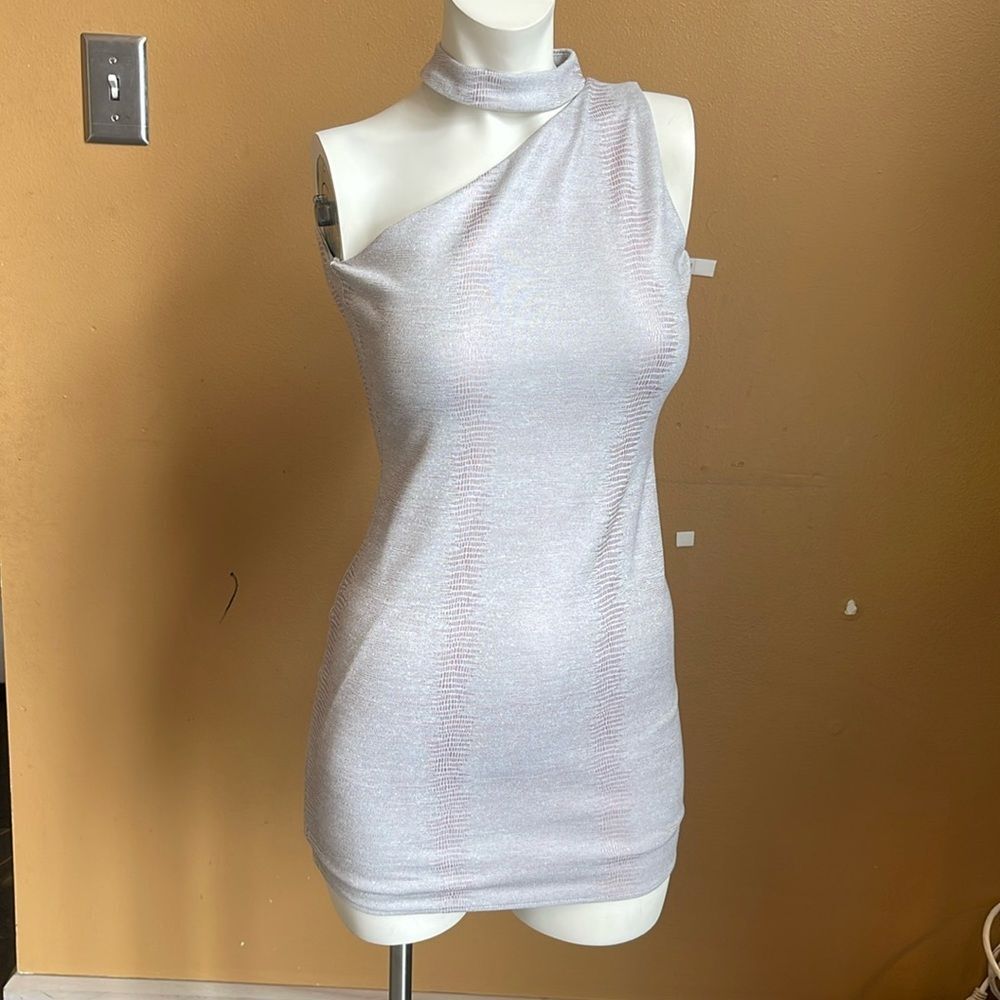 By Debra, Snake Asymmetrical one-shoulder with a mock neck collar. Size L